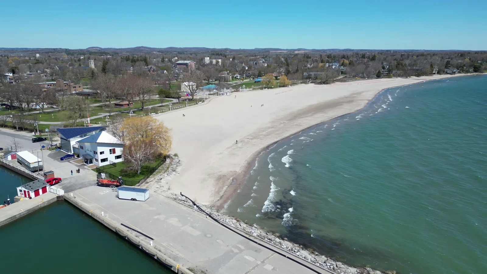Aerial view of Victoria Beach, Victoria Park and Lake Ontario in Cobourg